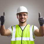 A male wearing safety glasses smiling with his thumbs up